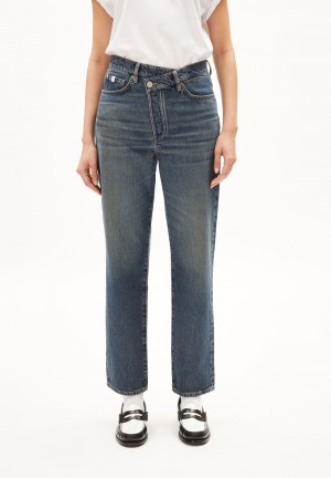 ARMEDANGELS AAIKALA DETAIL Jeans Straight Leg High Waist Organic Cotton Mix Non-Stretch Indigo | CQDMVU-879