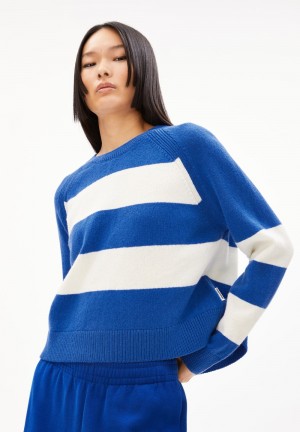 ARMEDANGELS DILIRIAA STRIPES Sweater Loose Fit made of Organic Wool Mix Warm Blue-oatmilk | TJIDWP-802