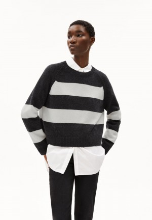 ARMEDANGELS DILIRIAA STRIPES Sweater Loose Fit made of Organic Wool Mix Steel Melange-oatmilk | QUMWVF-906