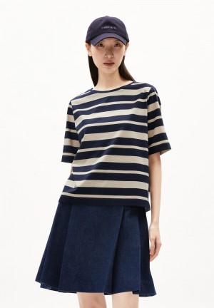ARMEDANGELS FINIAA BLOCK STRIPES T-Shirt Loose Fit made of Organic Cotton Night Sky-sand Stone | YDQCRF-586