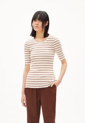 ARMEDANGELS FRAYAA DOUBLE STRIPES Rib T-Shirt made of Organic Cotton Mix Cacao-undyed | DEJVHU-521