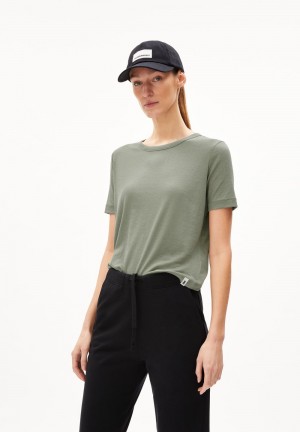 ARMEDANGELS GENEVRAA Rib T-Shirt Regular Fit made of TENCEL™ Lyocell Mix Gris Verde | DKAFVJ-819