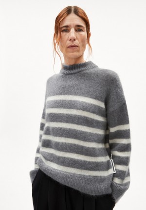 ARMEDANGELS GWYNEIRAA STRIPES Sweater Loose Fit made of Mohair Wool Mix Iron Cast-oatmilk | TQDHPO-380