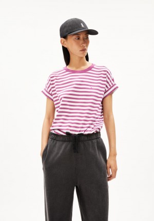 ARMEDANGELS IDAARA STRIPES T-Shirt Loose Fit made of Organic Cotton White-crushed Berry | NQKIMV-859