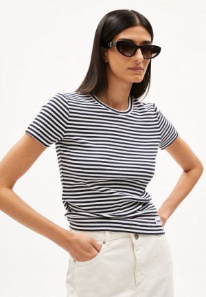 ARMEDANGELS KARDAA STRIPES Rib-T-Shirt Regular Fit made of Organic Cotton Mix Night Sky-white | GJSOPK-829