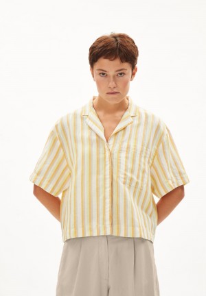 ARMEDANGELS LEAANNE STRIPED LINO Blouse Loose Fit made of Linen Mix Off White-mangorange | WZFGSN-638