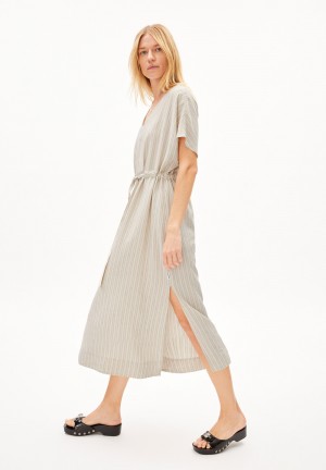 ARMEDANGELS MAAHALIANA LINO STRIPES Woven Dress Relaxed Fit made of Linen-Mix Oatmilk-light Matcha | POVGWU-650