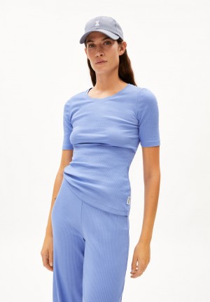 ARMEDANGELS MAAIA VIOLAA Rib-T-Shirt Slim Fit made of Organic Cotton Mix Azules | KPHLQY-134