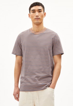 ARMEDANGELS MAARKOS STRIPES T-Shirt Relaxed Fit made of Organic Cotton Cinnamon Dust-blue Stone | CSQLRJ-907
