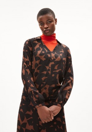 ARMEDANGELS MIUNAA ABSTRACT A Blouse Regular Fit made of LENZING™ ECOVERO™ Viscose Marrones Oscuro | QGZAHT-287