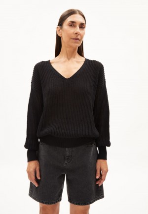 ARMEDANGELS RANAA CROCHET LINO Sweater Loose Fit made of Linen-Mix Negras | VQZKXC-680