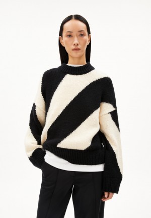 ARMEDANGELS SADNAA STRIPES Sweater Oversized Fit made of Merino-Wool Mix Oatmilk-black | QNXLAK-728