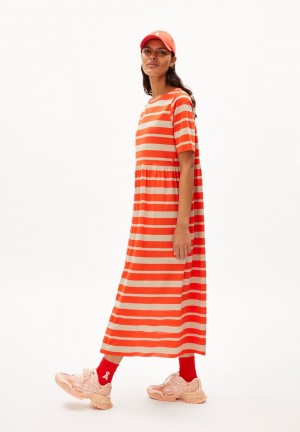 ARMEDANGELS TAAKYRA BLOCK STRIPES Jersey Dress Loose Fit made of Organic Cotton Poppy Red-sandstone | JGIFTX-756